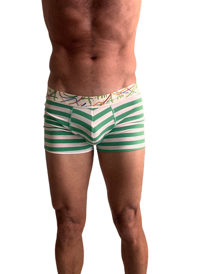 Zen boxer brief nautical green stripe men’s boxer briefs with green and white stripes and colorful abstract waistband