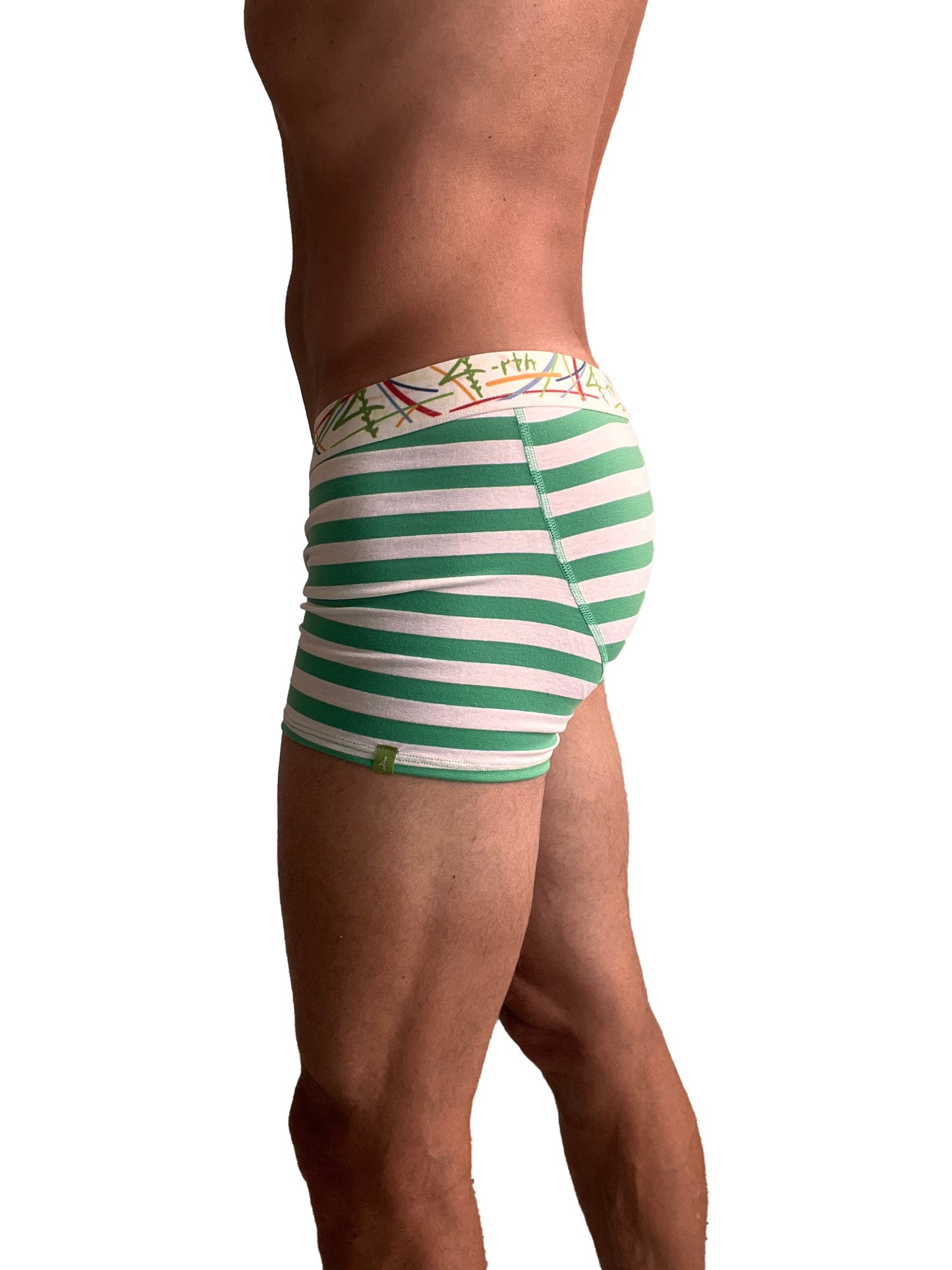 Zen boxer brief nautical green stripe with green and white stripes and a colorful abstract waistband for men