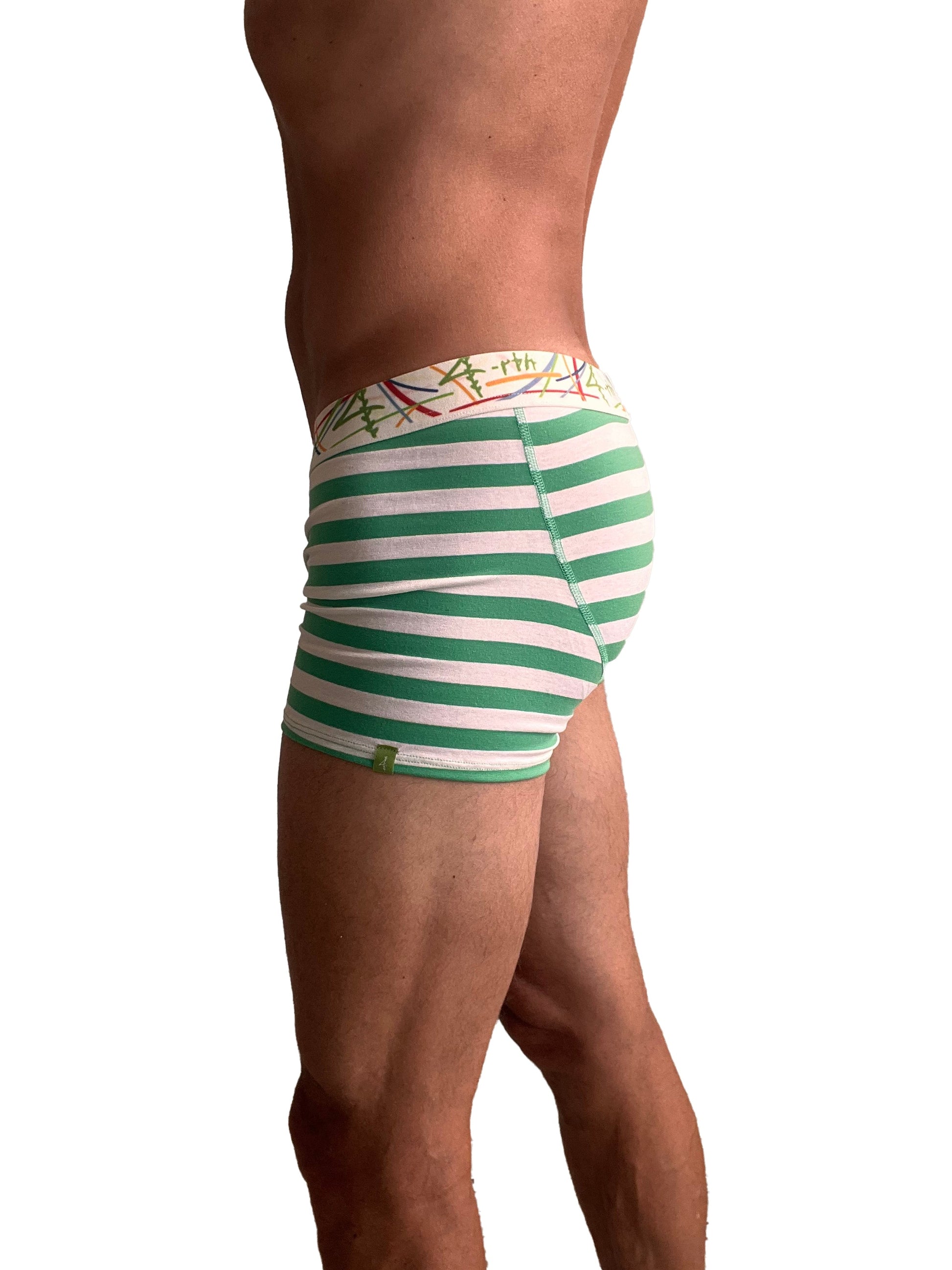 Zen boxer brief nautical green stripe with green and white stripes and a colorful abstract waistband for men
