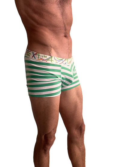 Zen boxer brief nautical green stripe in green and white stripes with colorful abstract waistband pattern
