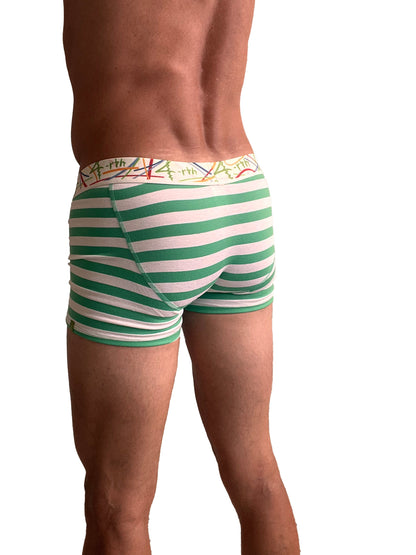 Zen boxer brief nautical green stripe with green and white stripes and a colorful patterned waistband for comfort