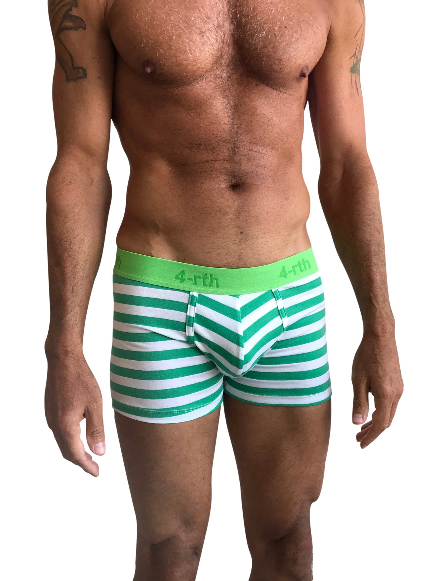Zen boxer brief in green and white stripes with bright green waistband featuring 4-rth brand name