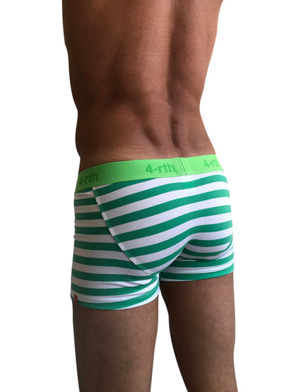 Green and white striped zen boxer brief with bright green elastic waistband and 4-rth brand logo in nautical green stripe