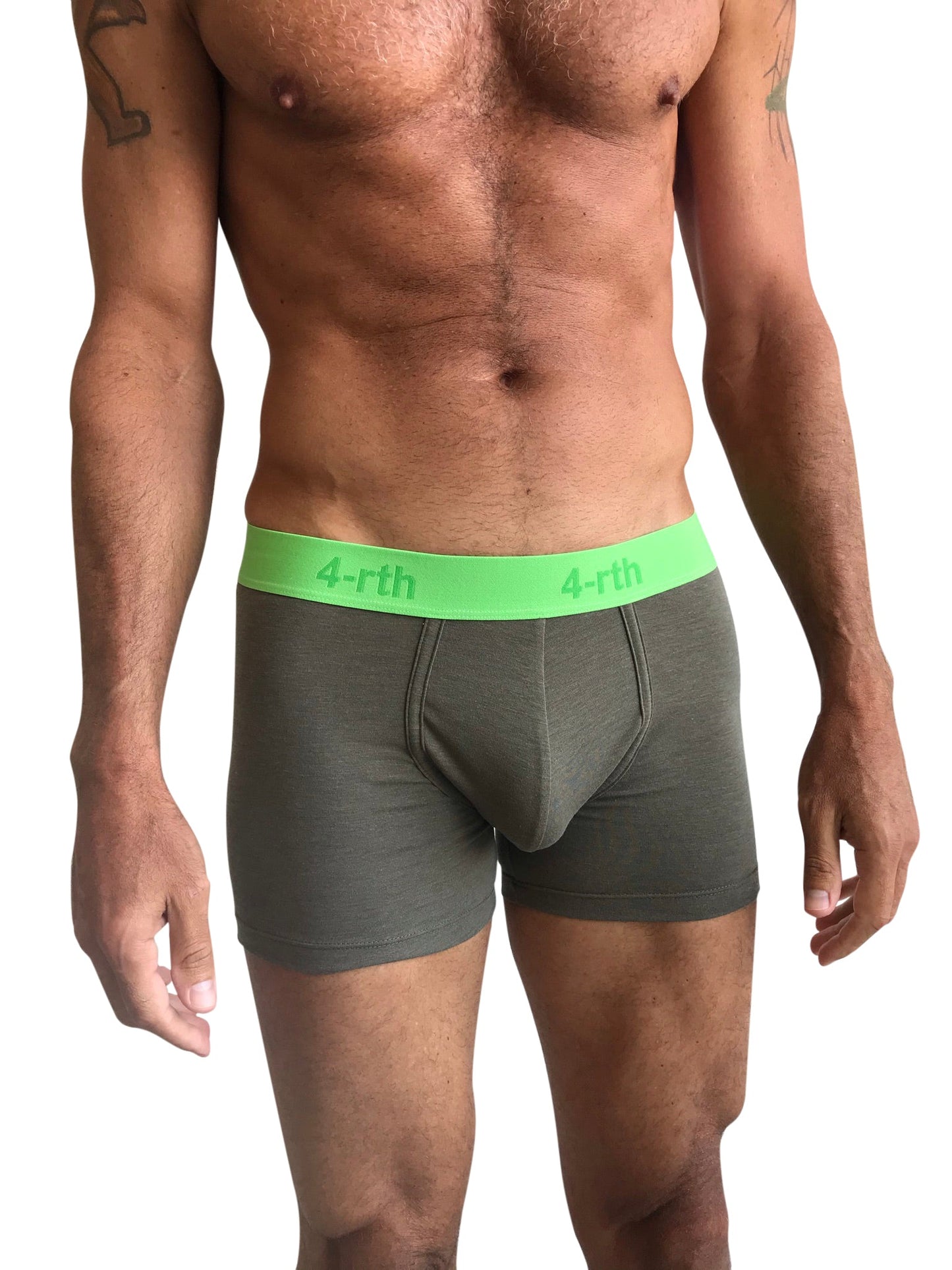 Olive green 4-rth brand zen boxer brief with a bright lime green waistband in rainforest army green color