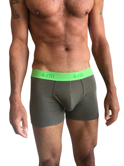 Olive green 4-rth brand zen boxer brief with a bright lime green waistband in rainforest army green color