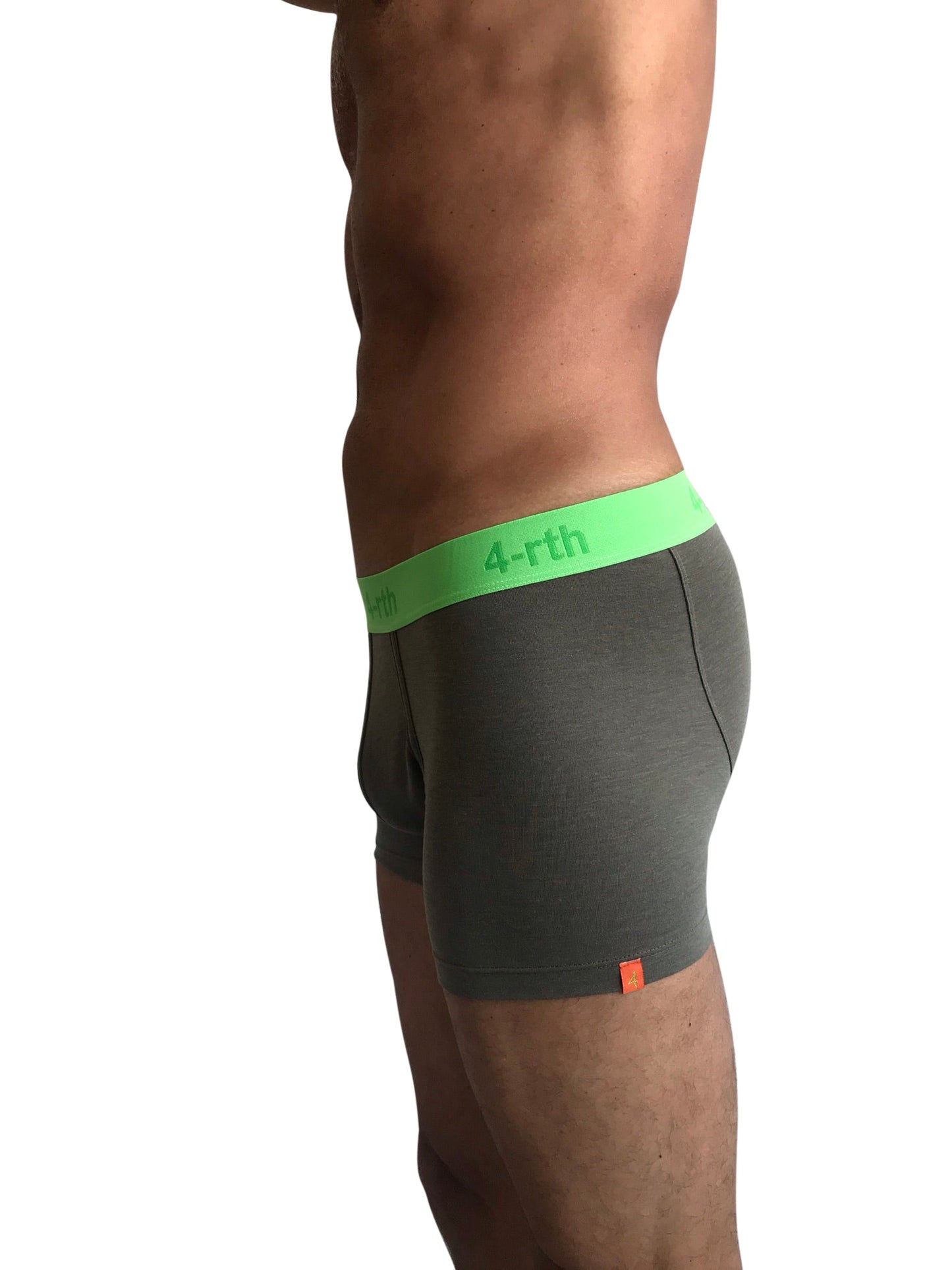Gray zen boxer briefs with bright green 4-rth logo waistband and orange leg tag in rainforest army green color
