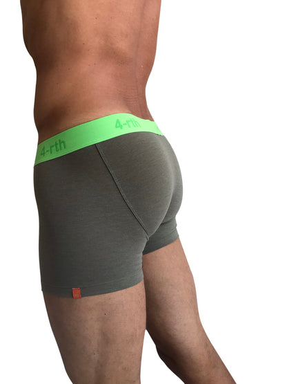 Gray zen boxer brief with bright green waistband featuring 4-rth logo and orange leg tag in rainforest army green design