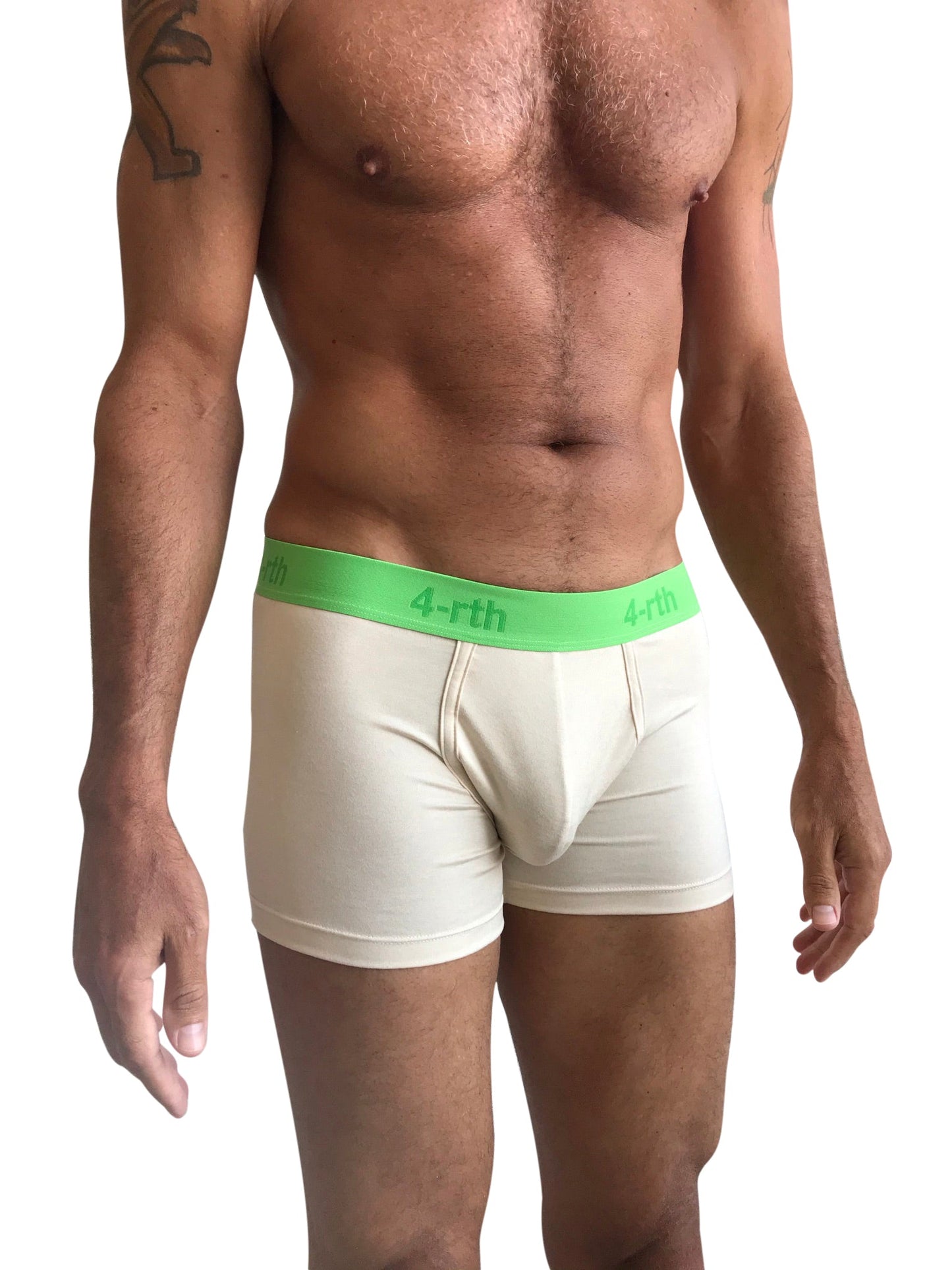 Cream-colored zen boxer brief with bright green 4-rth logo waistband in sand beige for everyday comfort and support