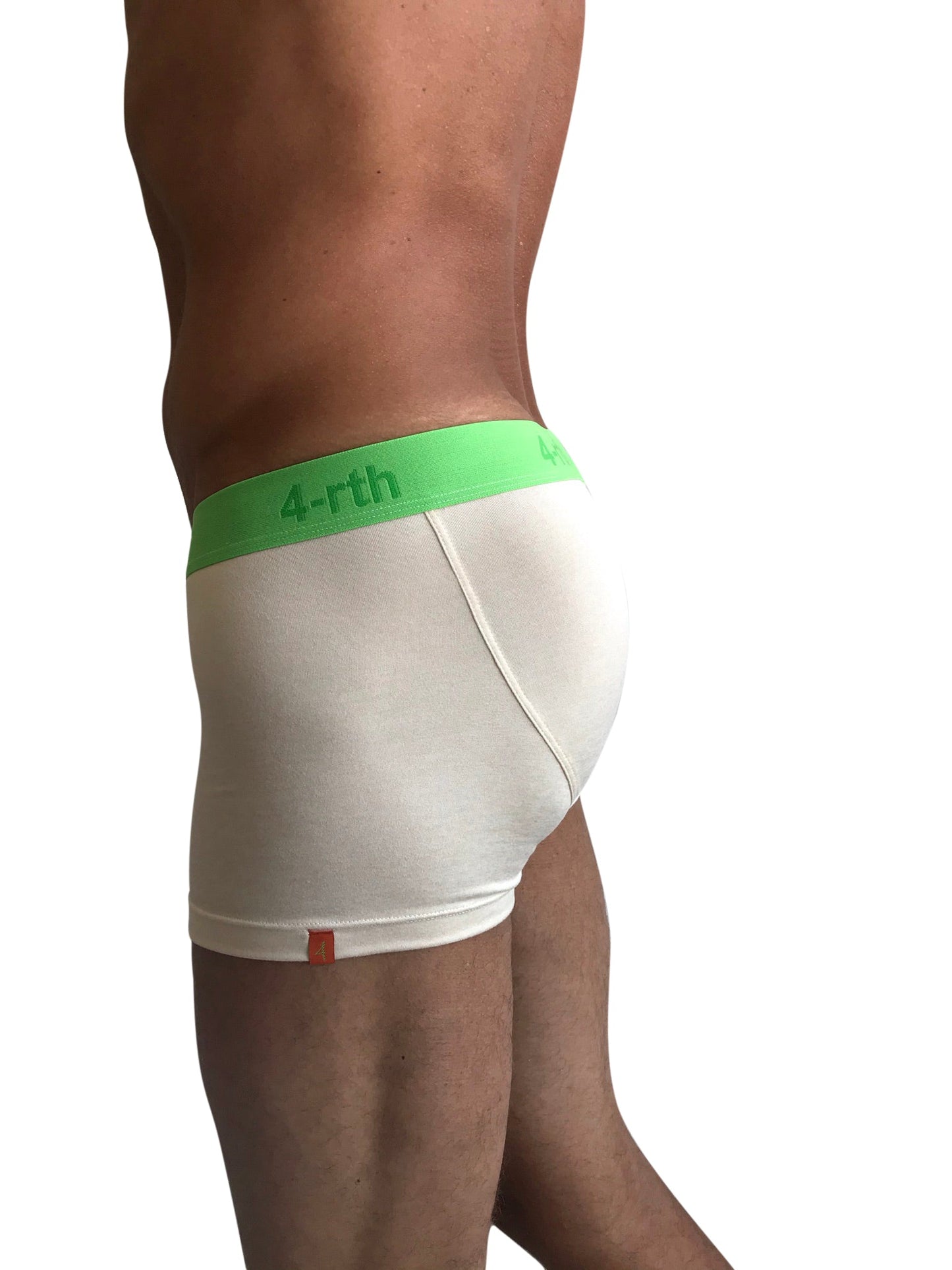 White boxer briefs with bright green 4-rth logo waistband designed for comfort in the zen boxer brief sand beige line