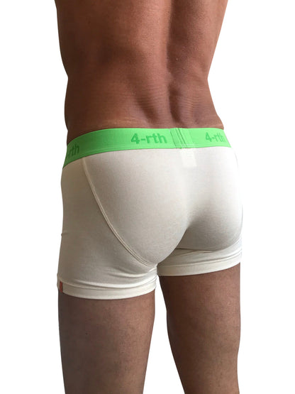 White zen boxer briefs with bright green 4-rth logo waistband in sand beige for comfortable everyday wear