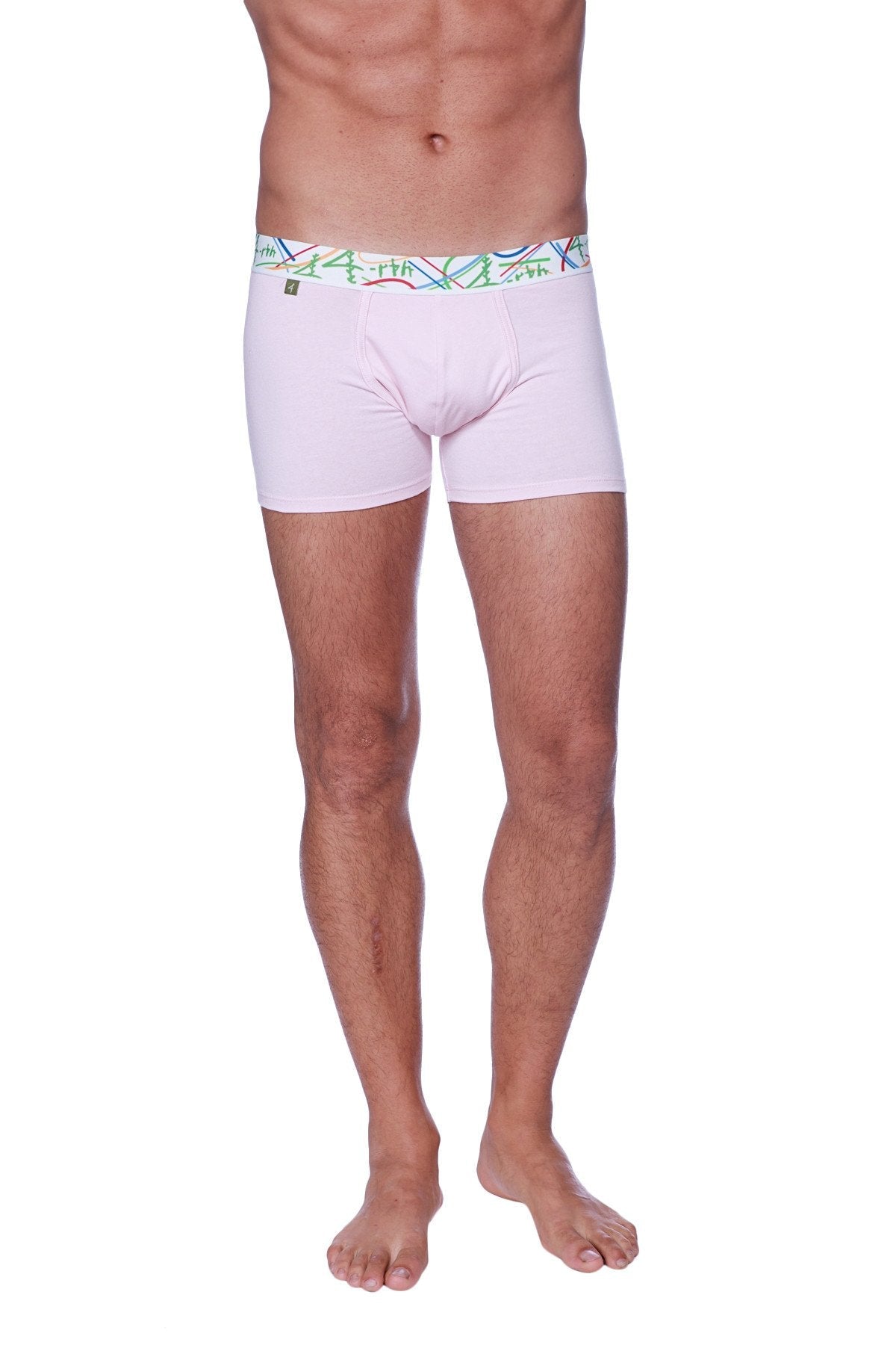 Light pink zen boxer brief with colorful waistband featuring abstract green blue and red lines design