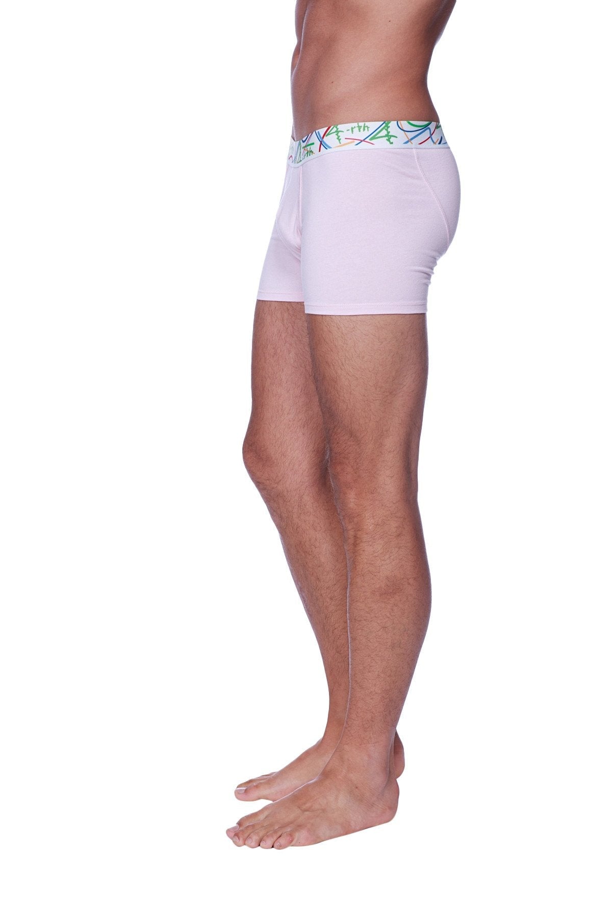 White boxer briefs with a colorful patterned waistband from the zen boxer brief solid pink collection