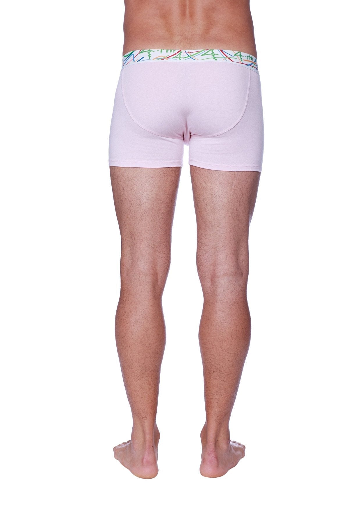 Pink zen boxer briefs with solid color and colorful abstract pattern on the waistband for comfortable wear