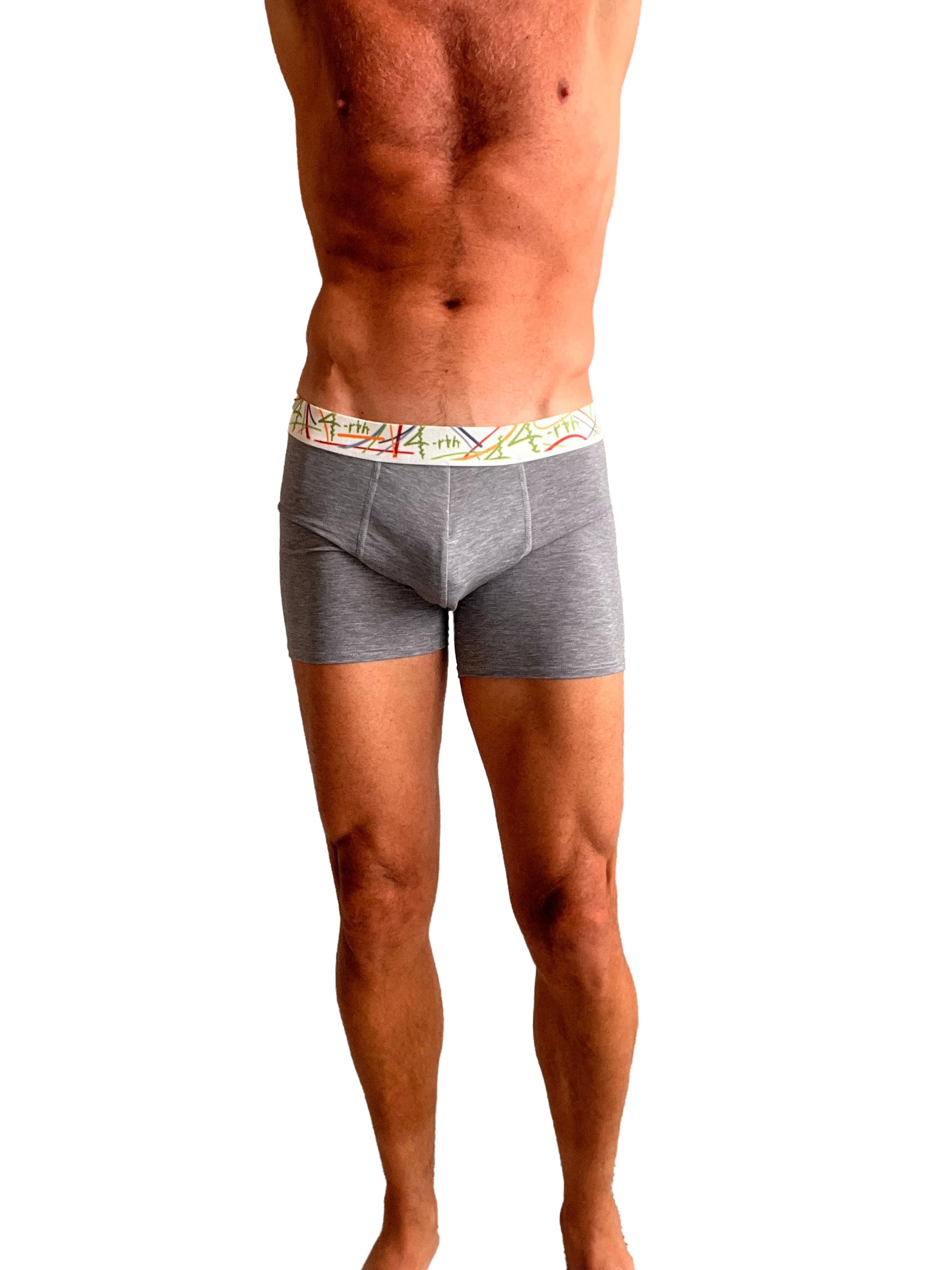 Gray heathered zen boxer briefs with a colorful patterned waistband made from soft breathable fabric