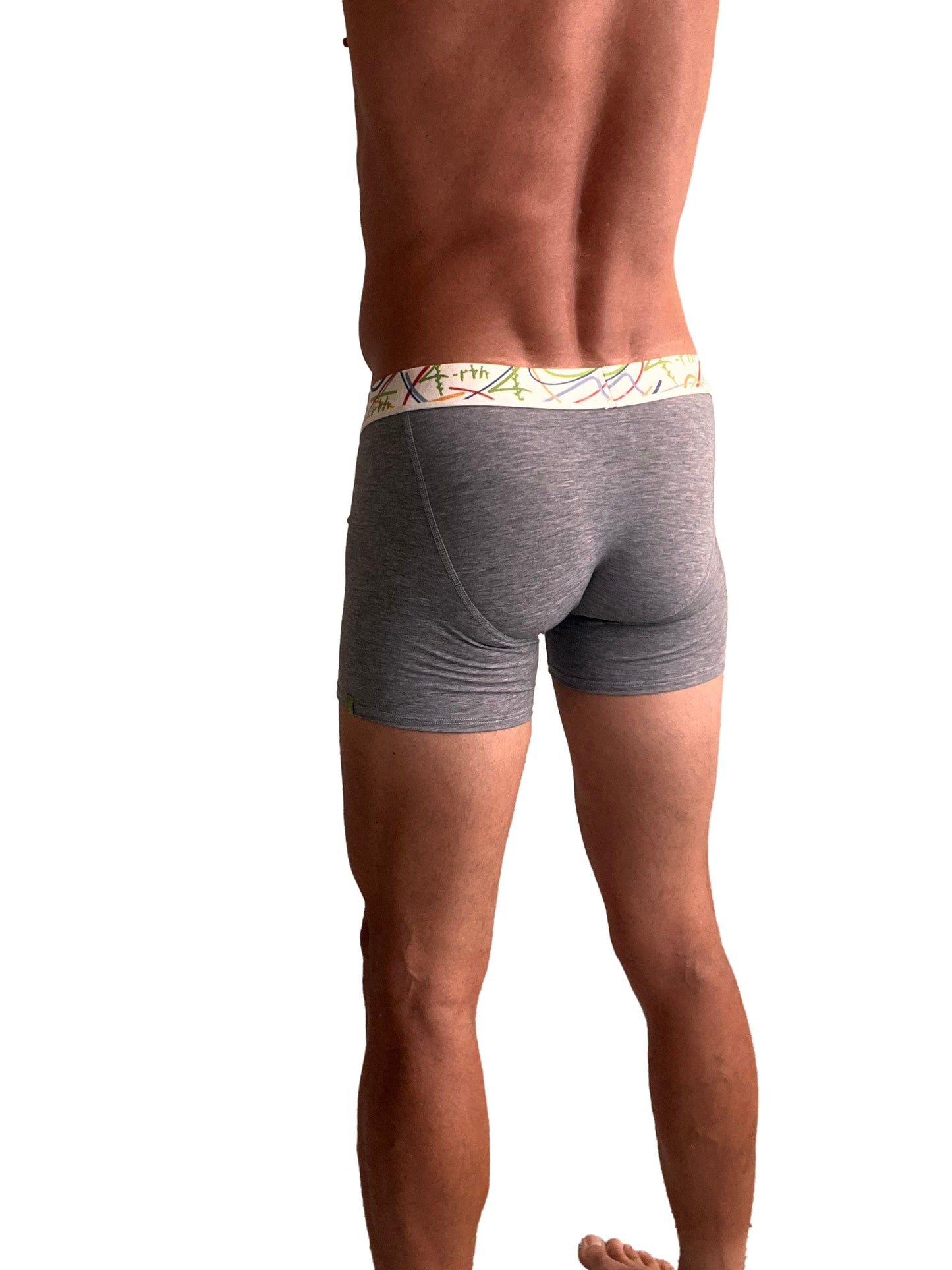 Gray heathered zen boxer brief with colorful patterned waistband made from soft breathable fabric