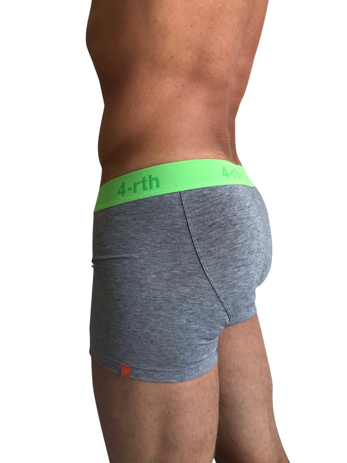 Gray heathered zen boxer briefs with bright neon green 4-rth waistband made for comfortable everyday wear