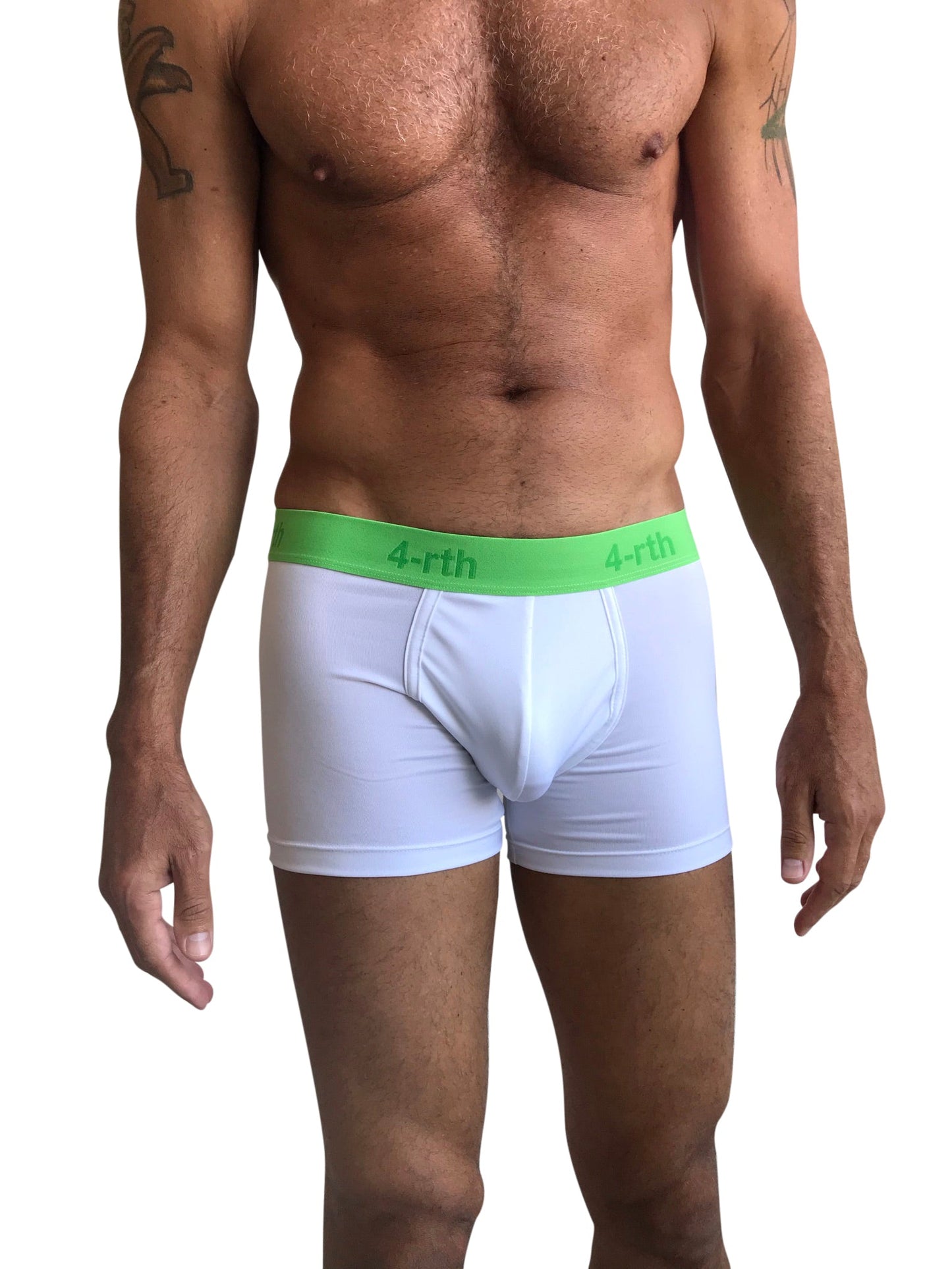 White zen boxer brief with bright green waistband featuring 4-rth logo in front view