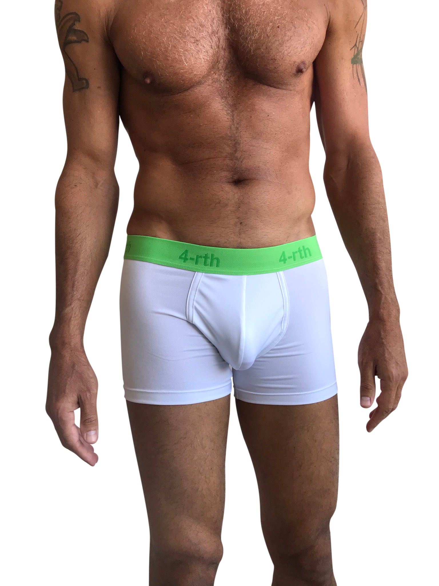 White zen boxer brief with bright green waistband featuring 4-rth logo in front view