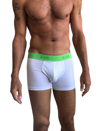 White zen boxer brief with bright green waistband featuring 4-rth logo in front view