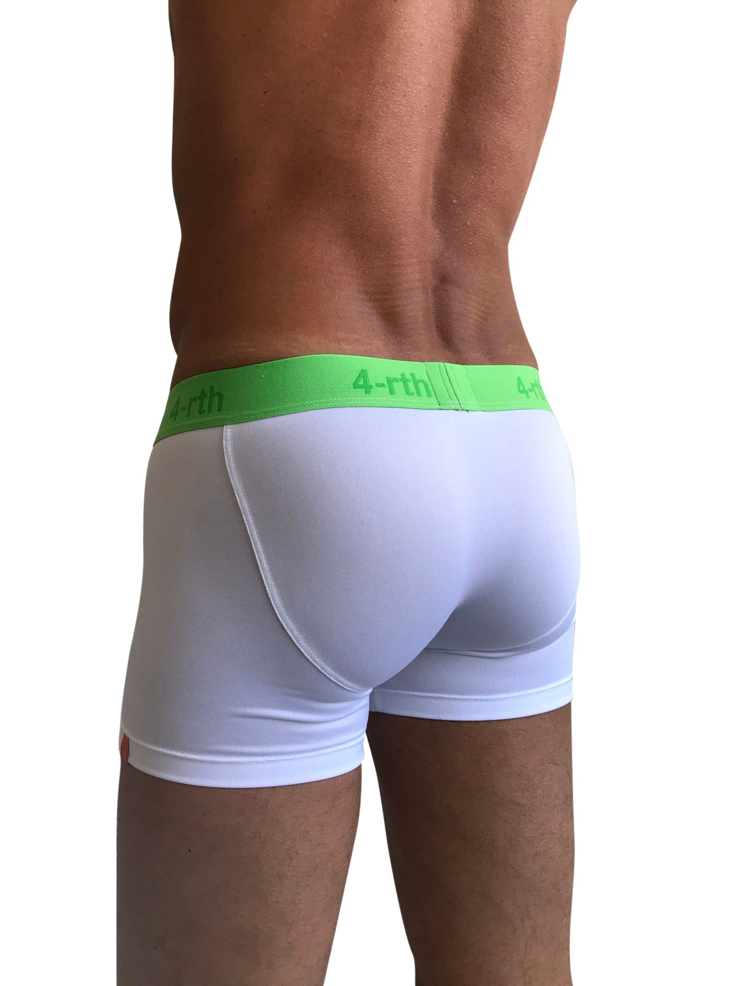 White zen boxer briefs with bright green waistband featuring the 4-rth logo for comfortable everyday wear