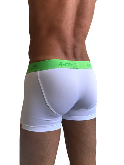 White zen boxer briefs with bright green waistband featuring the 4-rth logo for comfortable everyday wear