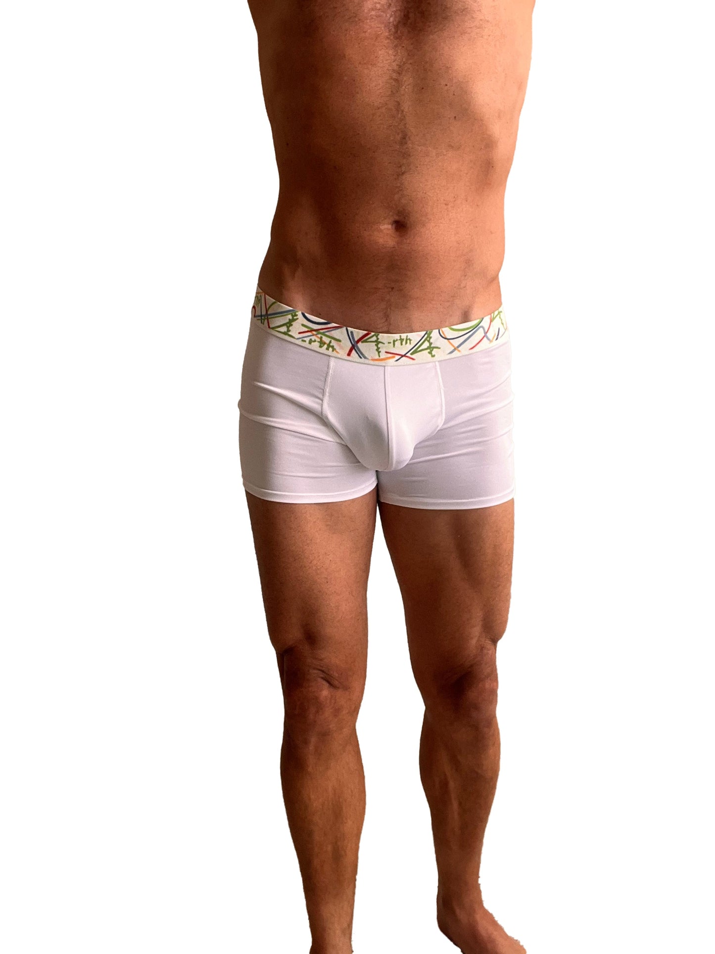 White zen boxer brief with colorful green and orange abstract patterned waistband made from soft breathable fabric