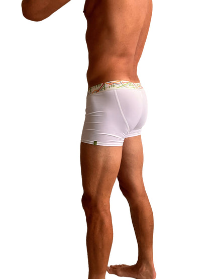 White zen boxer brief with colorful geometric waistband made from soft breathable fabric for everyday comfort