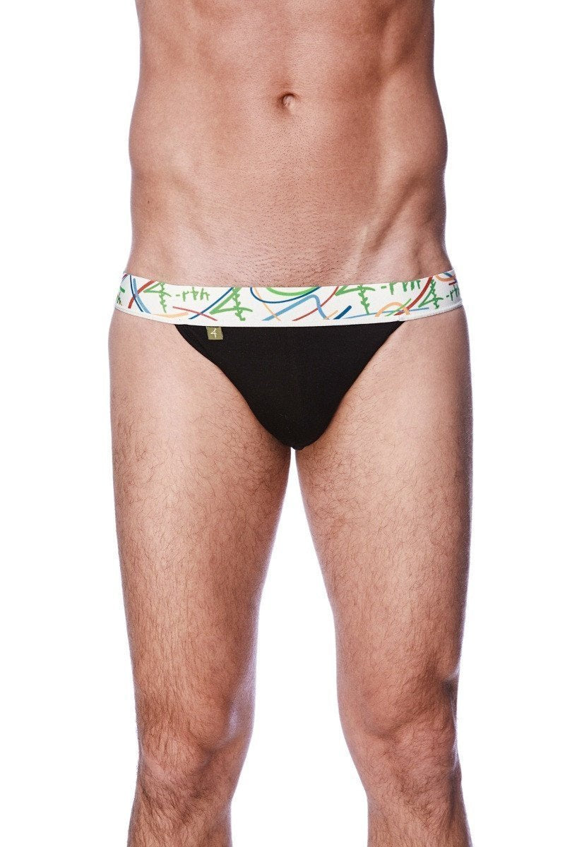 Black Zen jock strap briefs with a colorful abstract patterned waistband designed for support and comfort