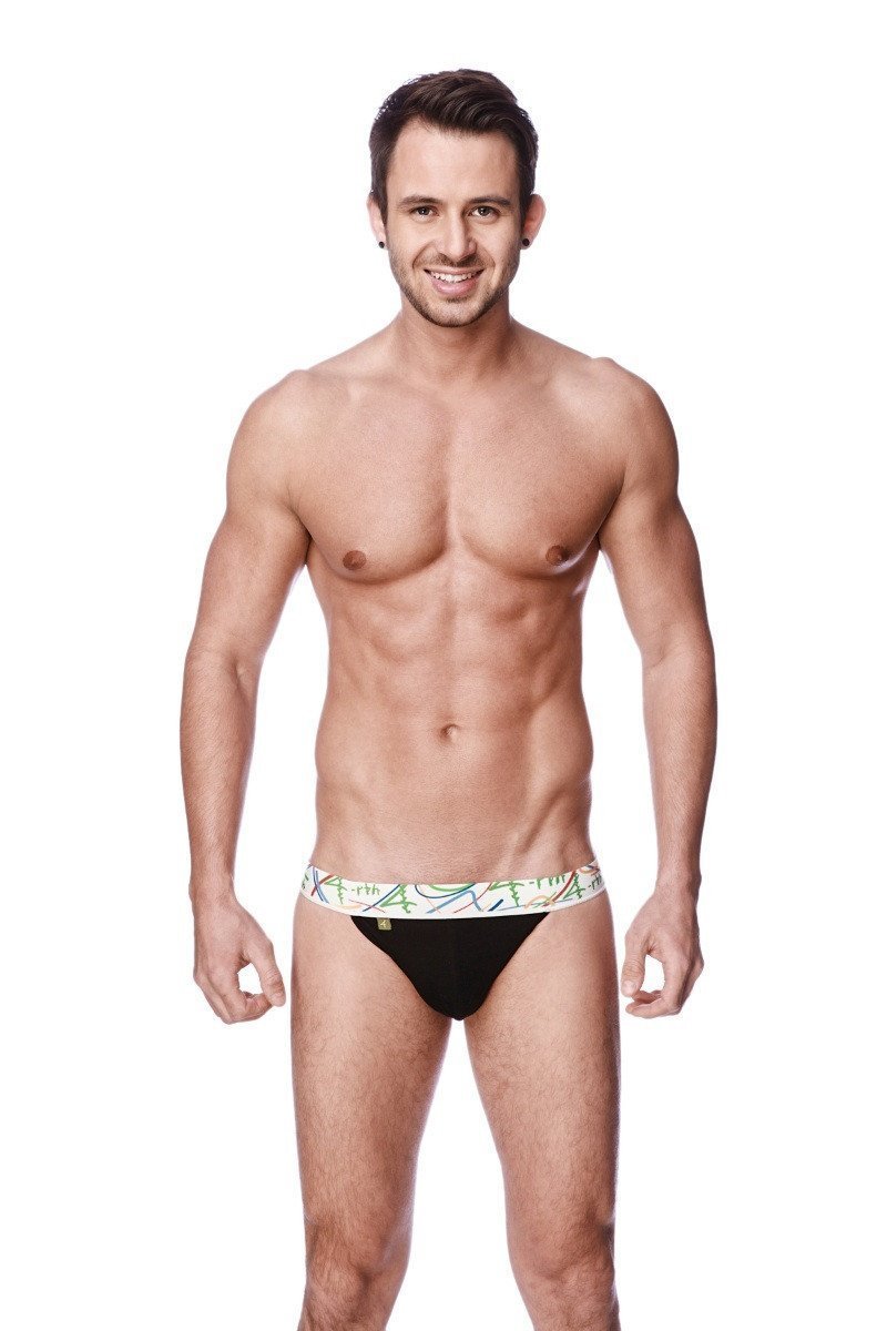 Black zen jock strap briefs with a decorative green and blue patterned waistband for comfortable support