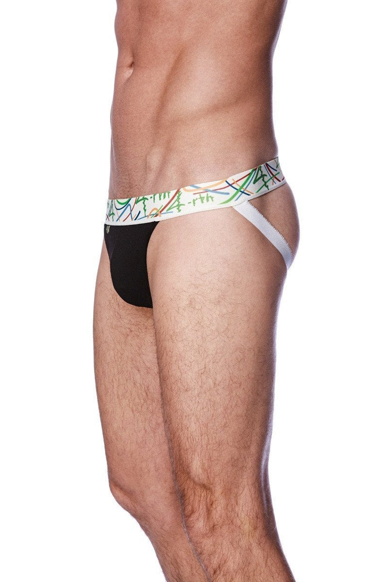 Black zen jock strap with a colorful abstract patterned waistband designed for athletic support and comfort