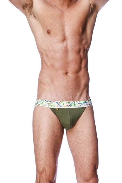 Forest green men’s triangle underwear with colorful abstract pattern on waistband zen jock strap design