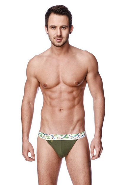 Olive green zen jock strap briefs with a white waistband and colorful abstract line patterns for active wear