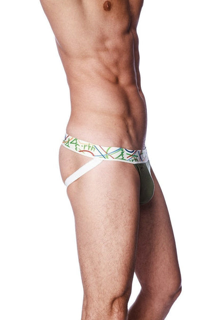 Olive green and white patterned zen jock strap briefs with colorful abstract waistband lines for men