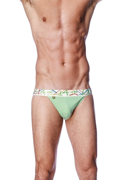 Green and white stripe zen jock strap with green striped men’s briefs and colorful 14th patterned waistband