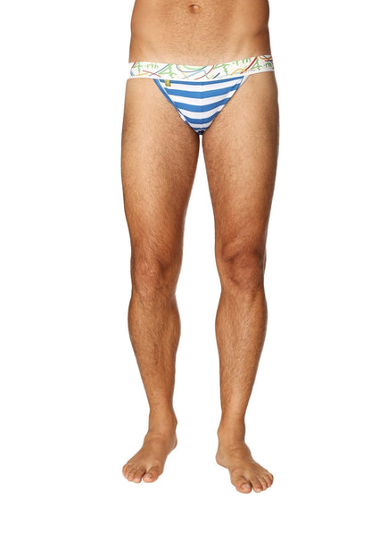 Blue and white striped men’s briefs with a colorful patterned waistband from the zen jock strap nautical blue collection