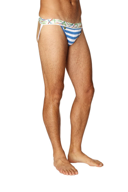 Men’s zen jock strap in nautical blue with blue and white stripes and a colorful patterned waistband