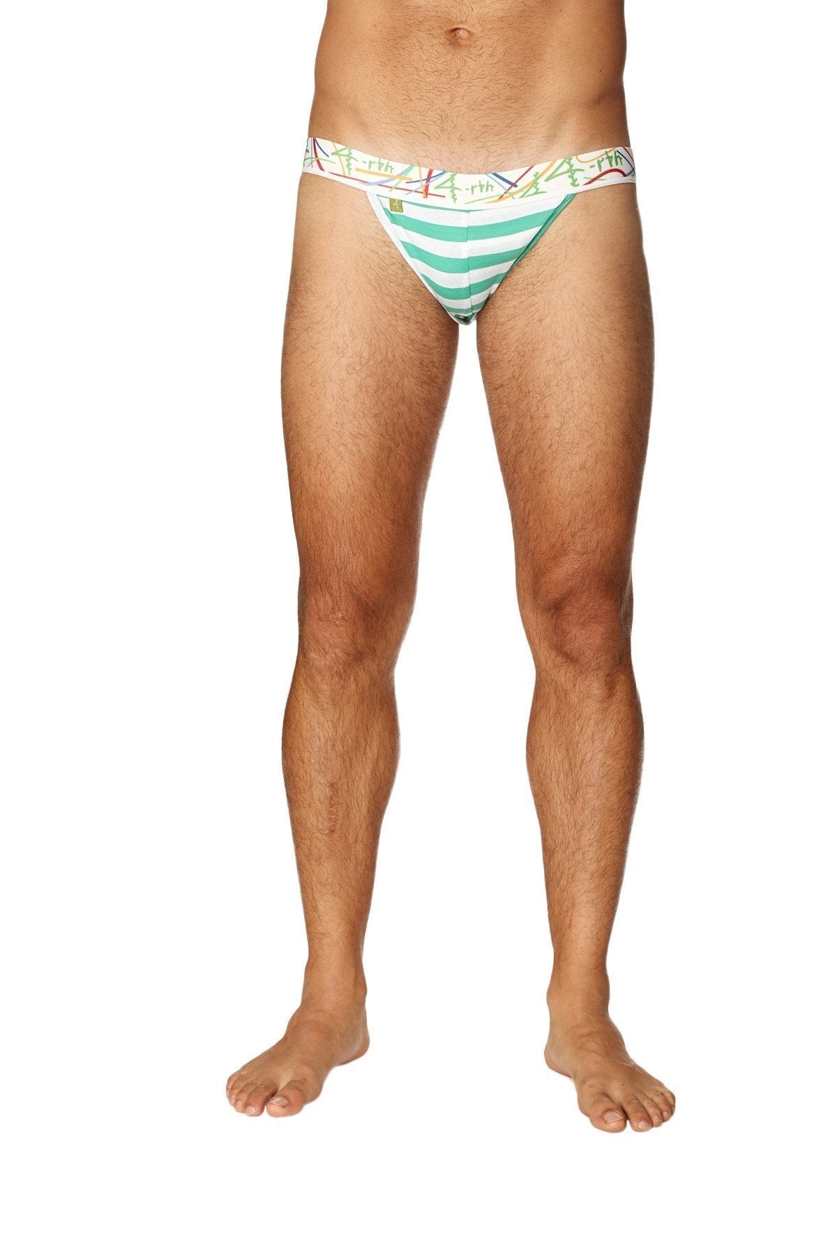 Men’s zen jock strap with green and white stripes and a colorful patterned waistband for nautical style