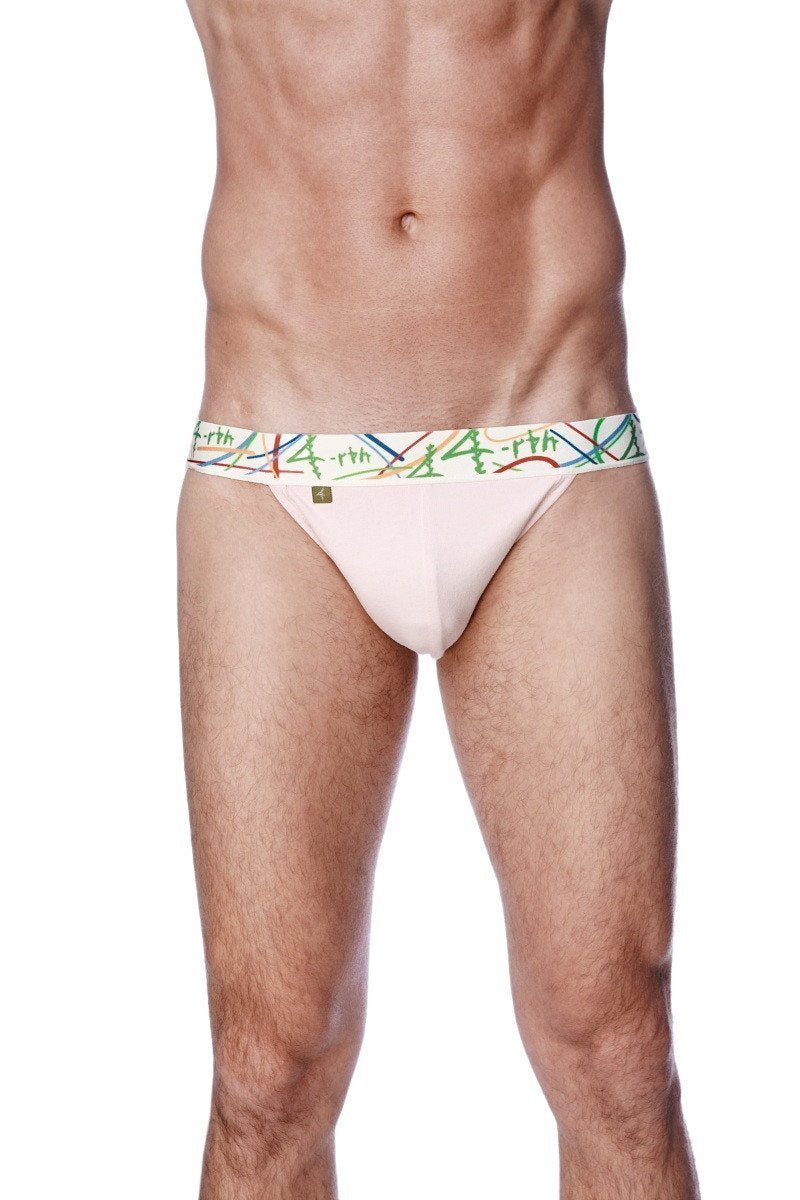 Pink cotton zen jock strap briefs with a colorful earth patterned waistband for comfortable daily wear