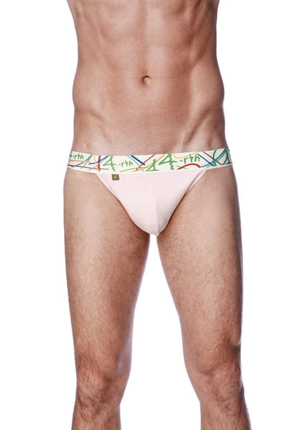 Pink cotton zen jock strap briefs with a colorful earth patterned waistband for comfortable daily wear