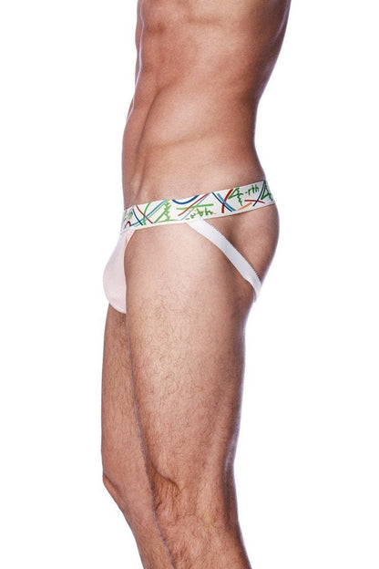 White zen jock strap with colorful abstract line pattern on pink waistband designed for athletic support