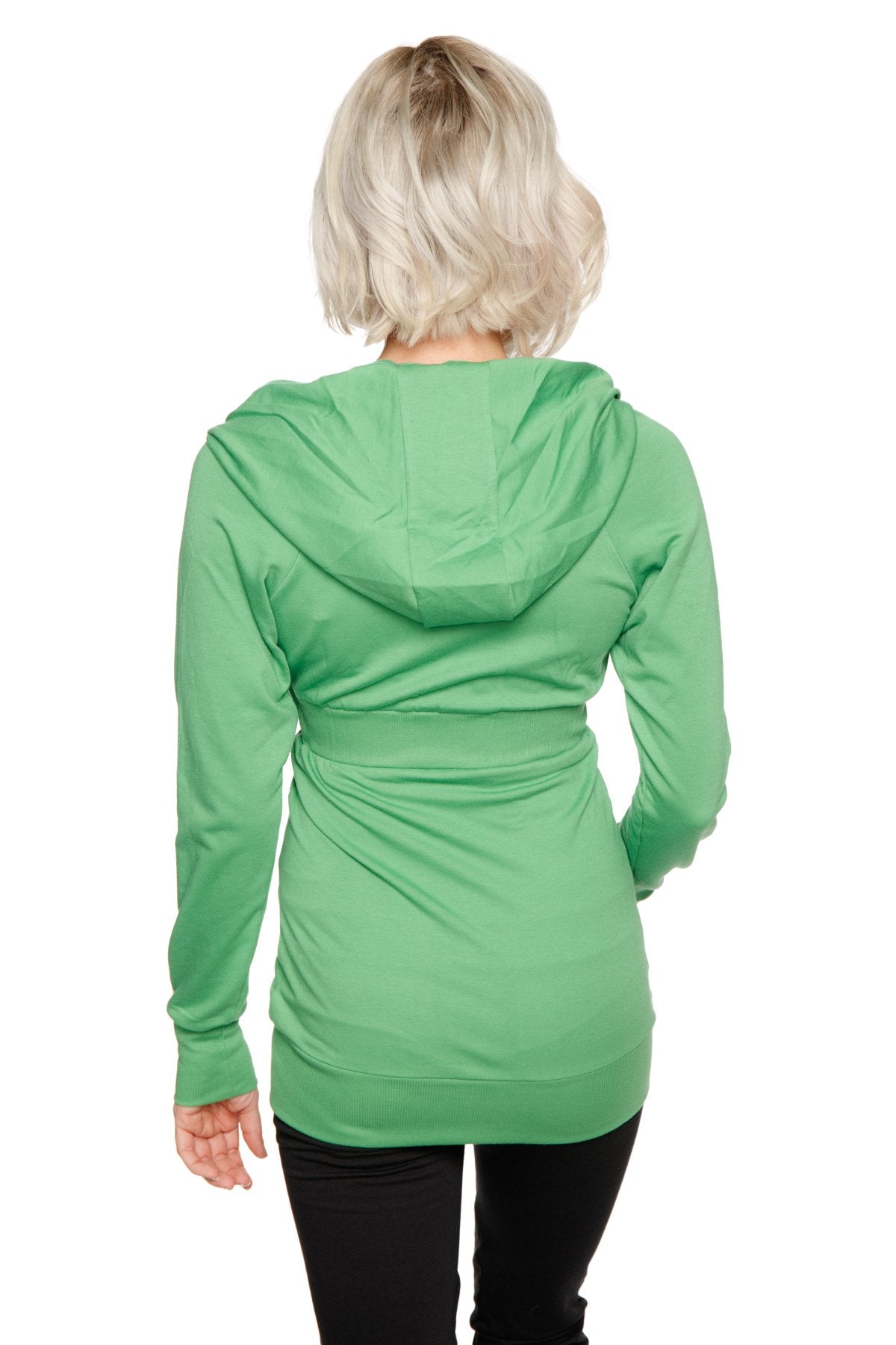 Soft bamboo green zip-up long body travel hoodie with relaxed fit and ruching on the back side