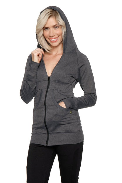 Charcoal zip-up long body travel hoodie jacket with hood front zipper closure and two side pockets in dark gray