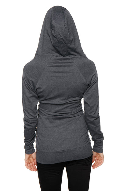 Dark gray zip-up long body travel hoodie jacket with textured fabric and relaxed fit shown from the back