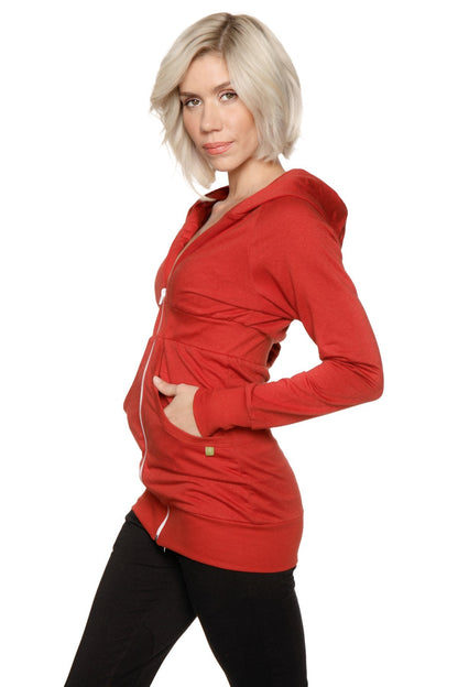 A vibrant cinnabar red zip-up long body travel hoodie jacket with front zipper and side pockets for maternity wear