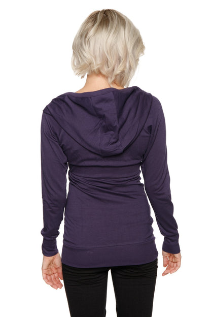Purple zip-up long body travel hoodie jacket with long sleeves and gathered back design shown from the back side