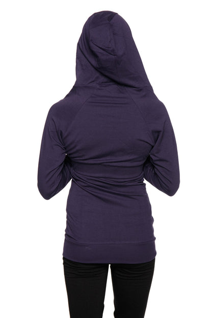 A dark purple zip-up long body travel hoodie jacket with long sleeves a hood and gathered waistband
