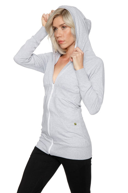 Light gray zip-up long body travel hoodie jacket made of soft stretchy fabric with subtle texture