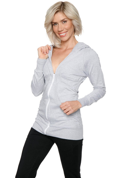 Light gray zip-up long body travel hoodie jacket with subtle heathered texture and contrasting white zipper