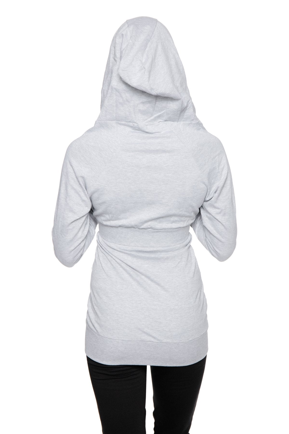A light gray zip-up long body travel hoodie jacket with a cinched waistband and long sleeves