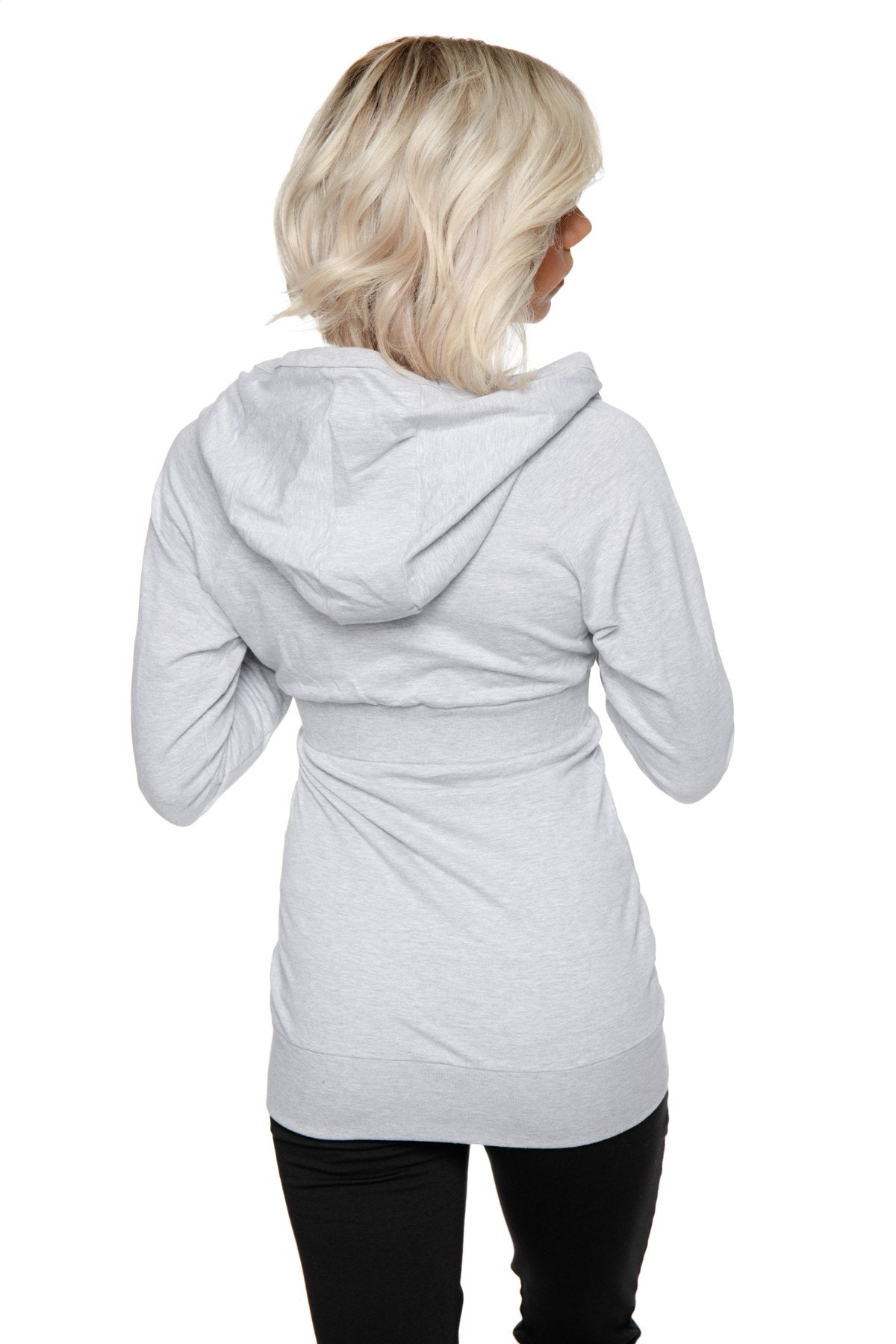 A soft heather grey zip-up long body travel hoodie jacket with a relaxed fit and subtle ruching at the waist